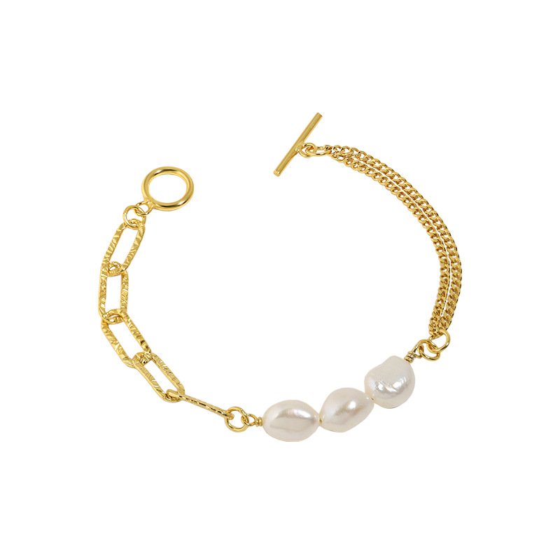Asymmetric Hollow Chain Baroque Natural Pearl 925 Sterling Silver Bracelet