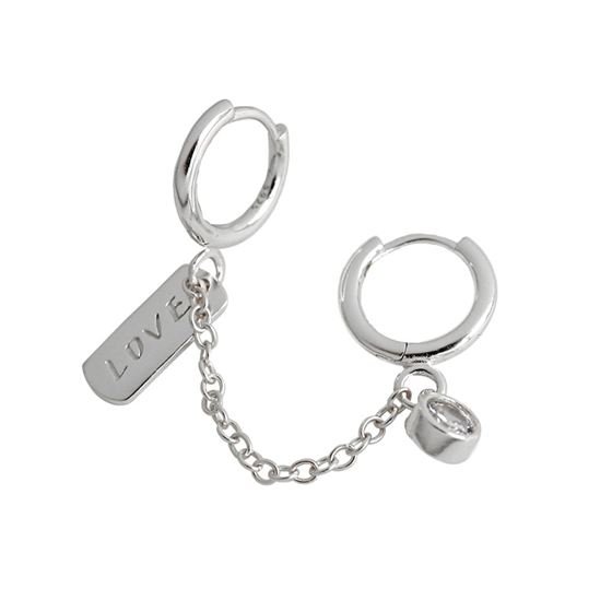 Doule Hole CZ Love Letters Rectangle 925 Sterling Silver Hoop Earrings