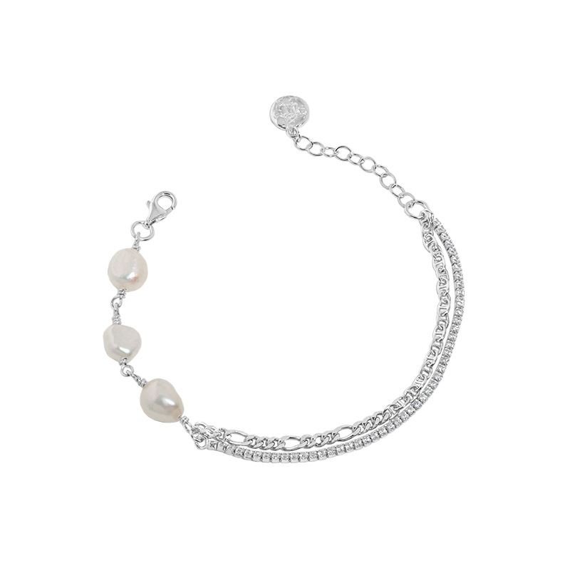 Irregular Double Layer Hollow Chain Natural Pearl 925 Sterling Silver Bracelet