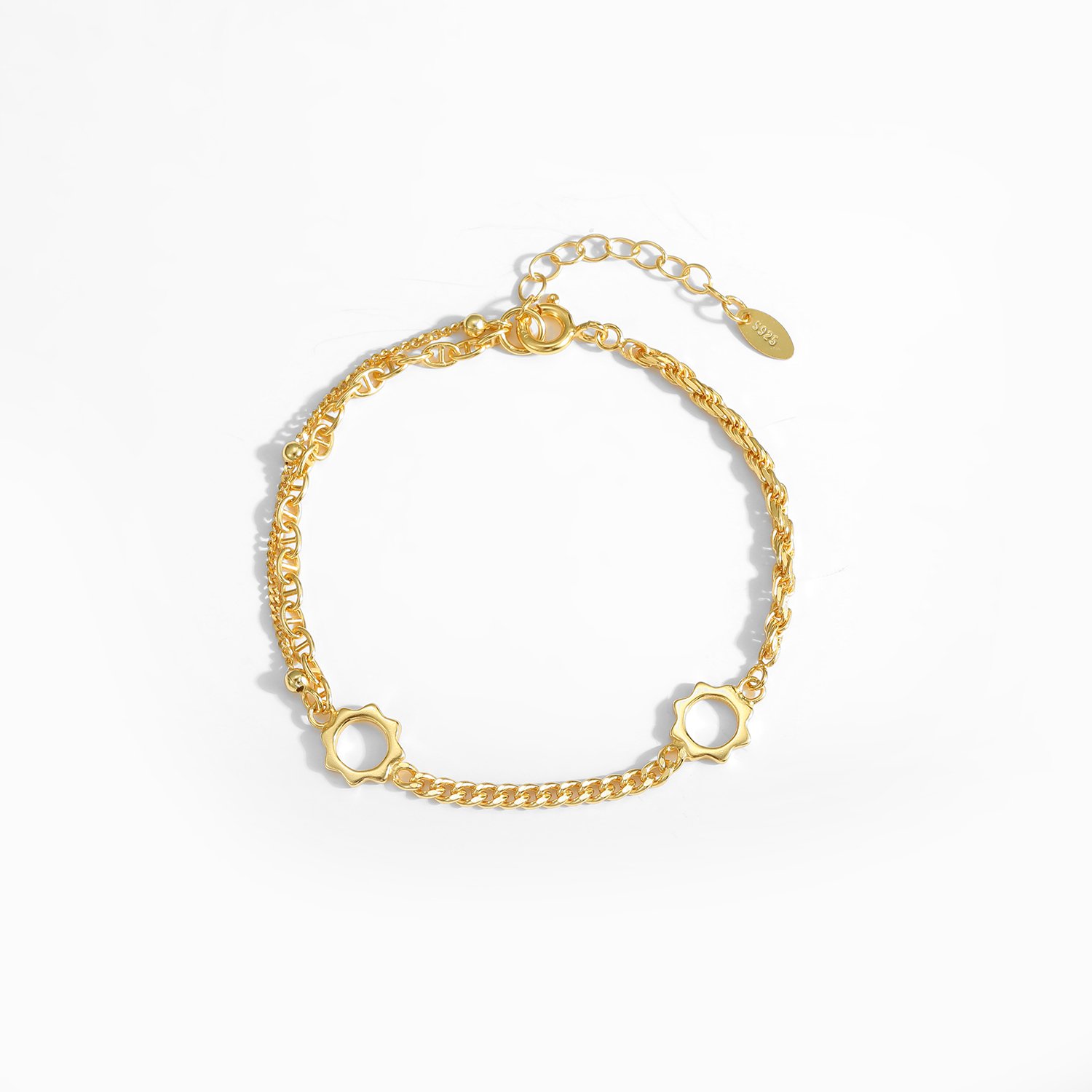 Asymmetric Rope Curb Puffed Chain Sunflower 925 Sterling Silver Bracelet